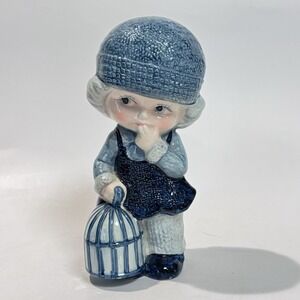 Vintage‎ Big Eye Blue Girl Whistling W Birdcage 6.5" Kitsch Ceramic Figurine
